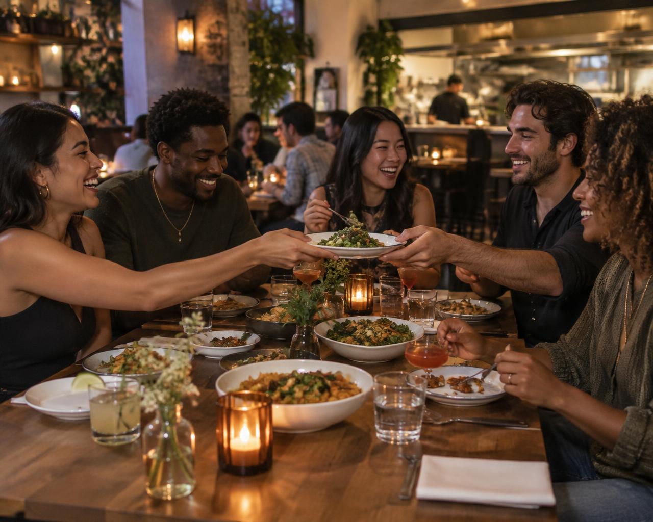 Young adults laughing and sharing dinner