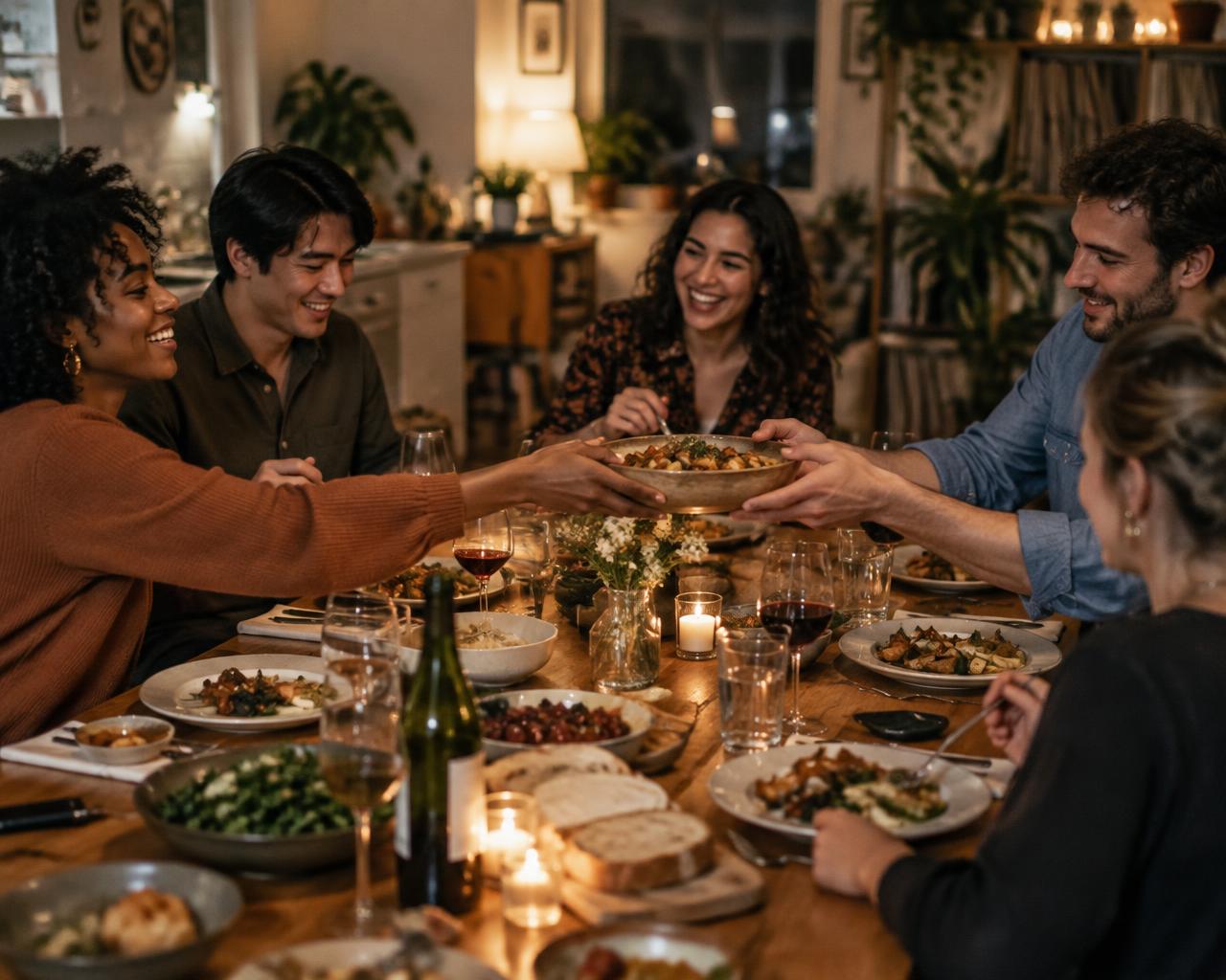 Friends passing food around a warmly lit table