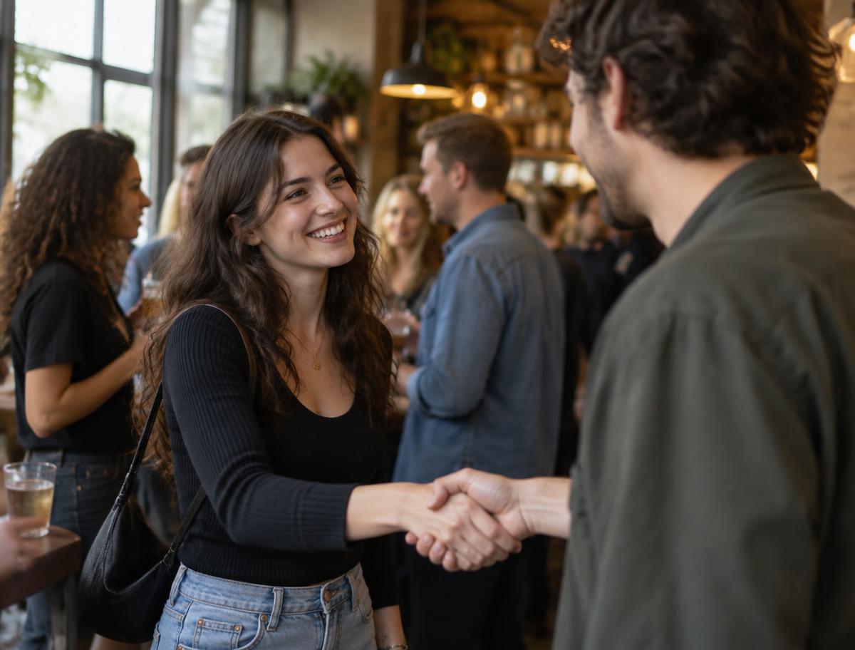Two young adults meeting at a relaxed social gathering